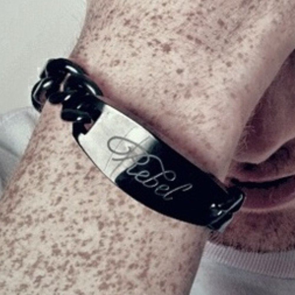rebels Engraved Black Steel Link Bracelet